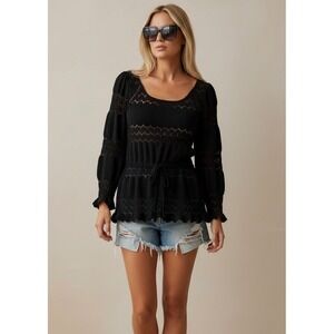 Free People Black Lace Crochet Oversized XS Peplum Peasant Boho Top Open Back